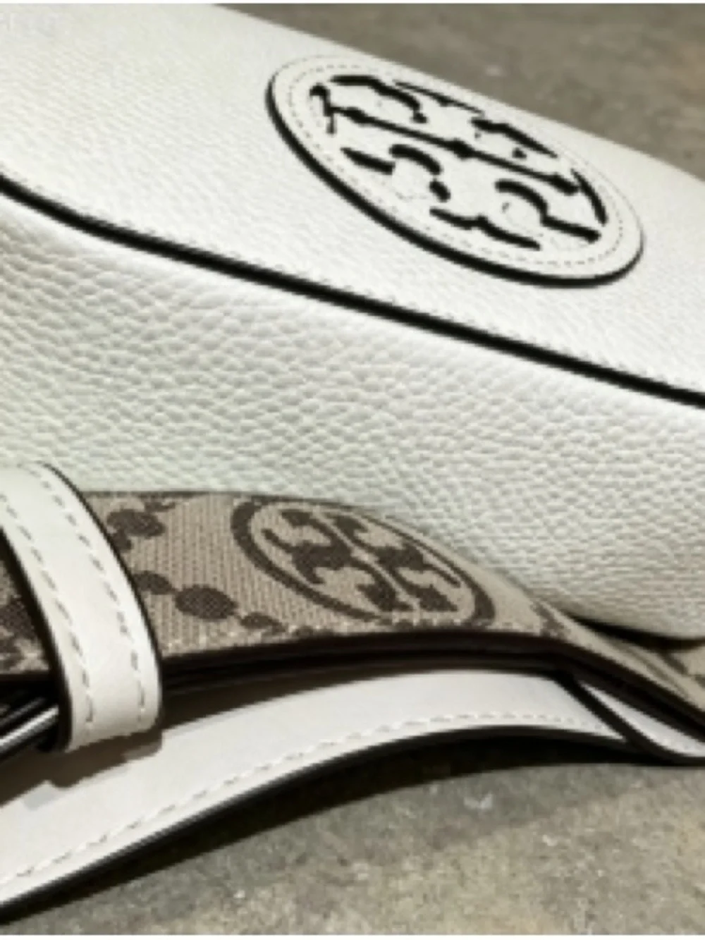 Tory Burch White Pebbled Leather Camera Bag with Logo Strap